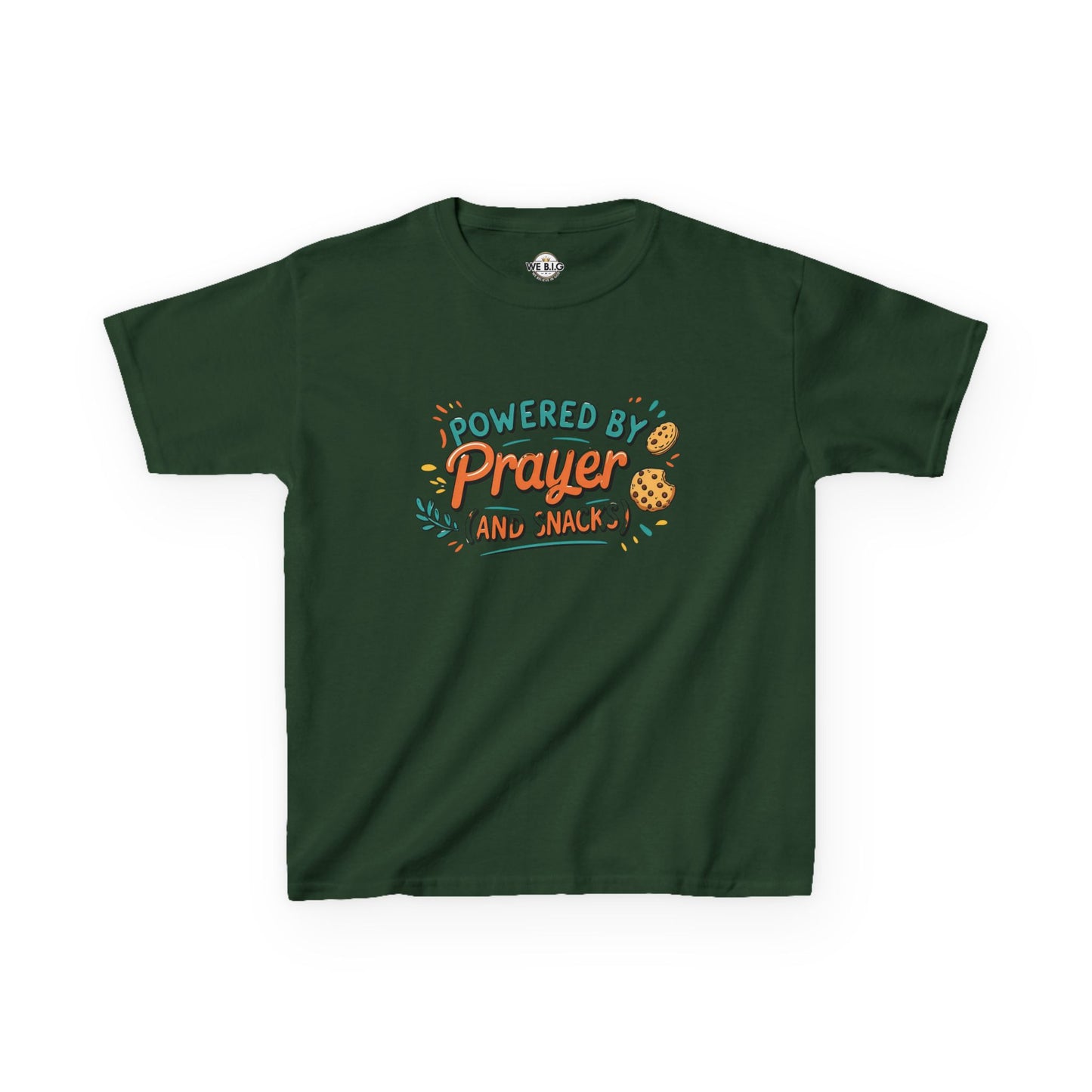 Powered by Prayer and Snacks—Kids Tee, Cute Kids T-Shirt, Faith Themed Shirt, Prayer Apparel, Snack Love Tee
