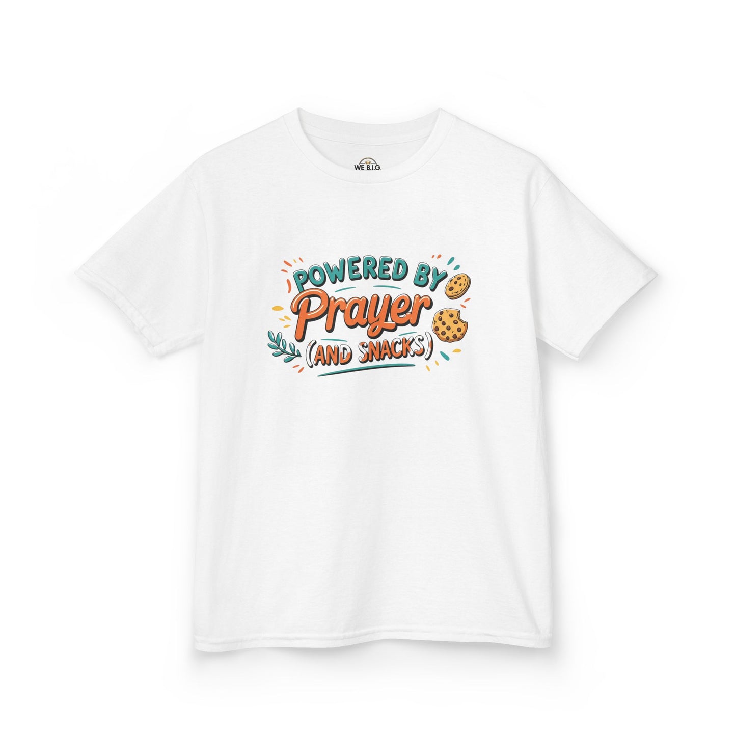 Powered by Prayer and Snacks—Kids Tee, Cute Kids T-Shirt, Faith Themed Shirt, Prayer Apparel, Snack Love Tee