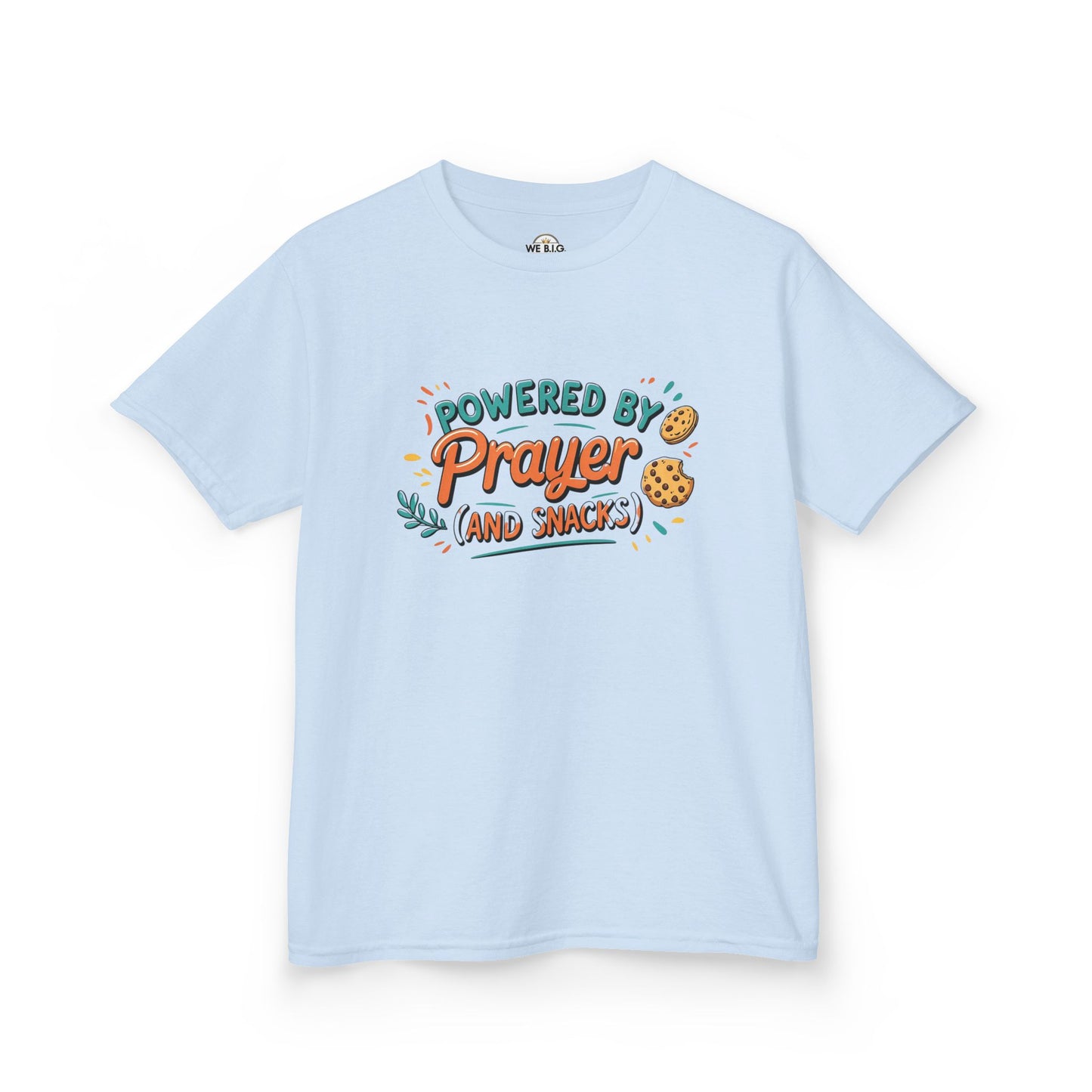 Powered by Prayer and Snacks—Kids Tee, Cute Kids T-Shirt, Faith Themed Shirt, Prayer Apparel, Snack Love Tee