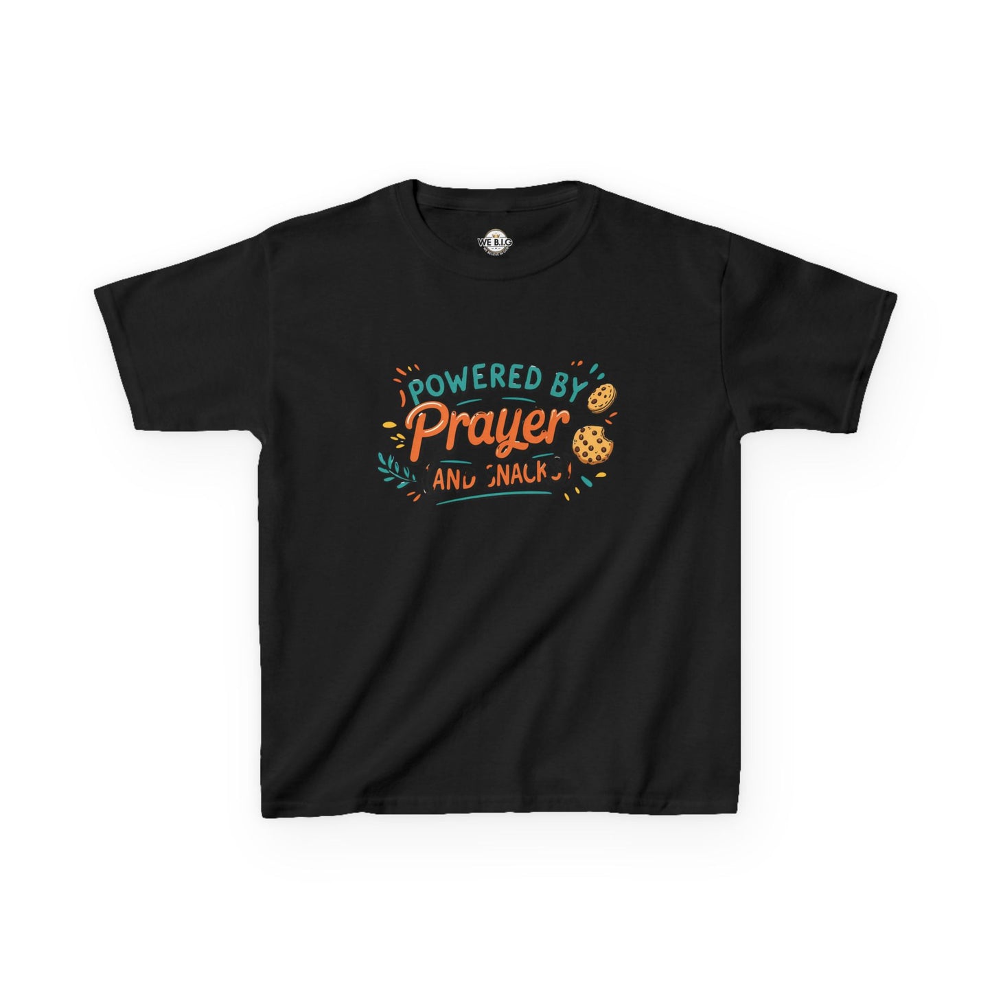 Powered by Prayer and Snacks—Kids Tee, Cute Kids T-Shirt, Faith Themed Shirt, Prayer Apparel, Snack Love Tee