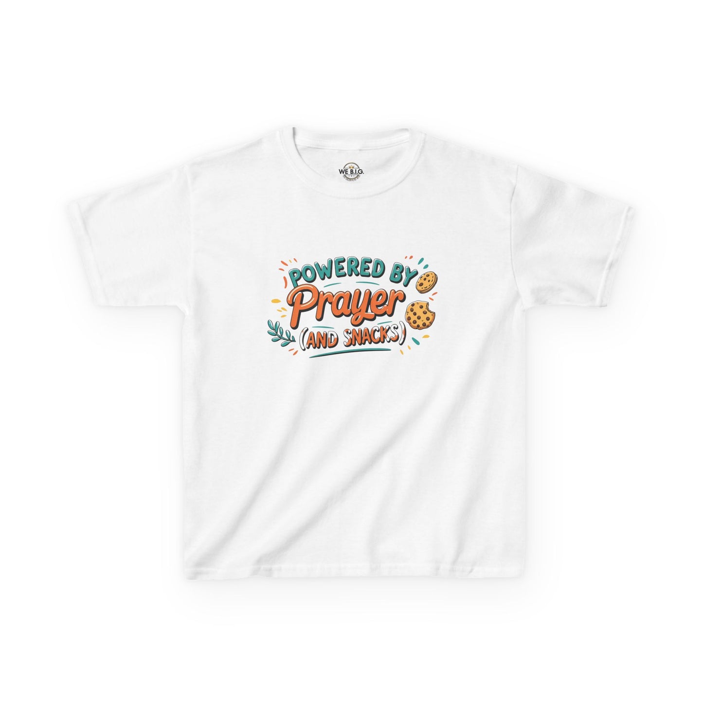 Powered by Prayer and Snacks—Kids Tee, Cute Kids T-Shirt, Faith Themed Shirt, Prayer Apparel, Snack Love Tee