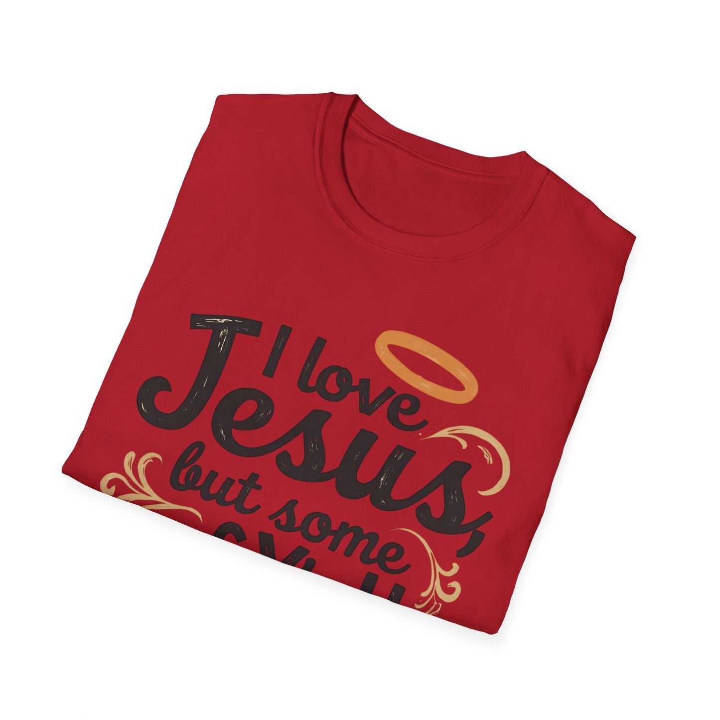 Funny Christian Slogan Unisex T-Shirt - I Love Jesus, But Some of Y'all Pushin' It (Blue & Golden)