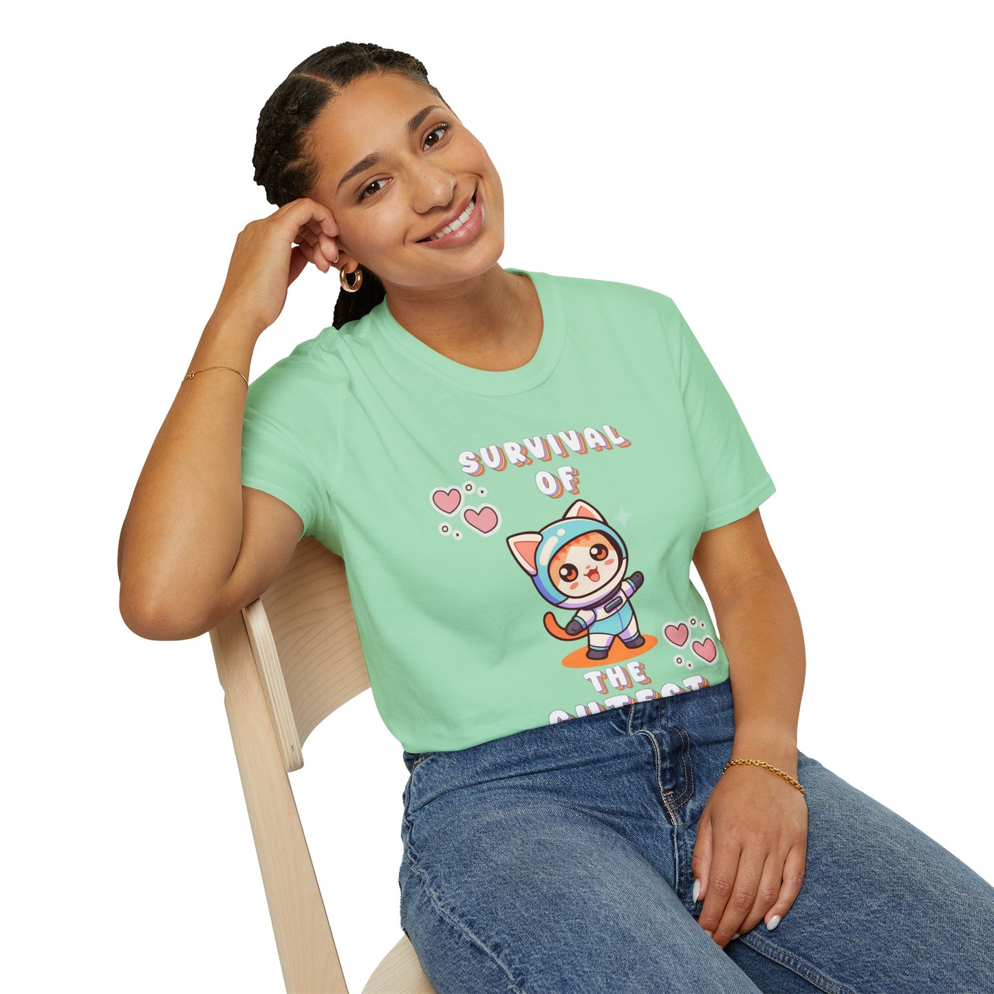 Survival of the Cutest Tee—Cute Cat Character Unisex T-Shirt, Gift for Cat Lovers, Fun Casual Wear, Kawaii Style Apparel