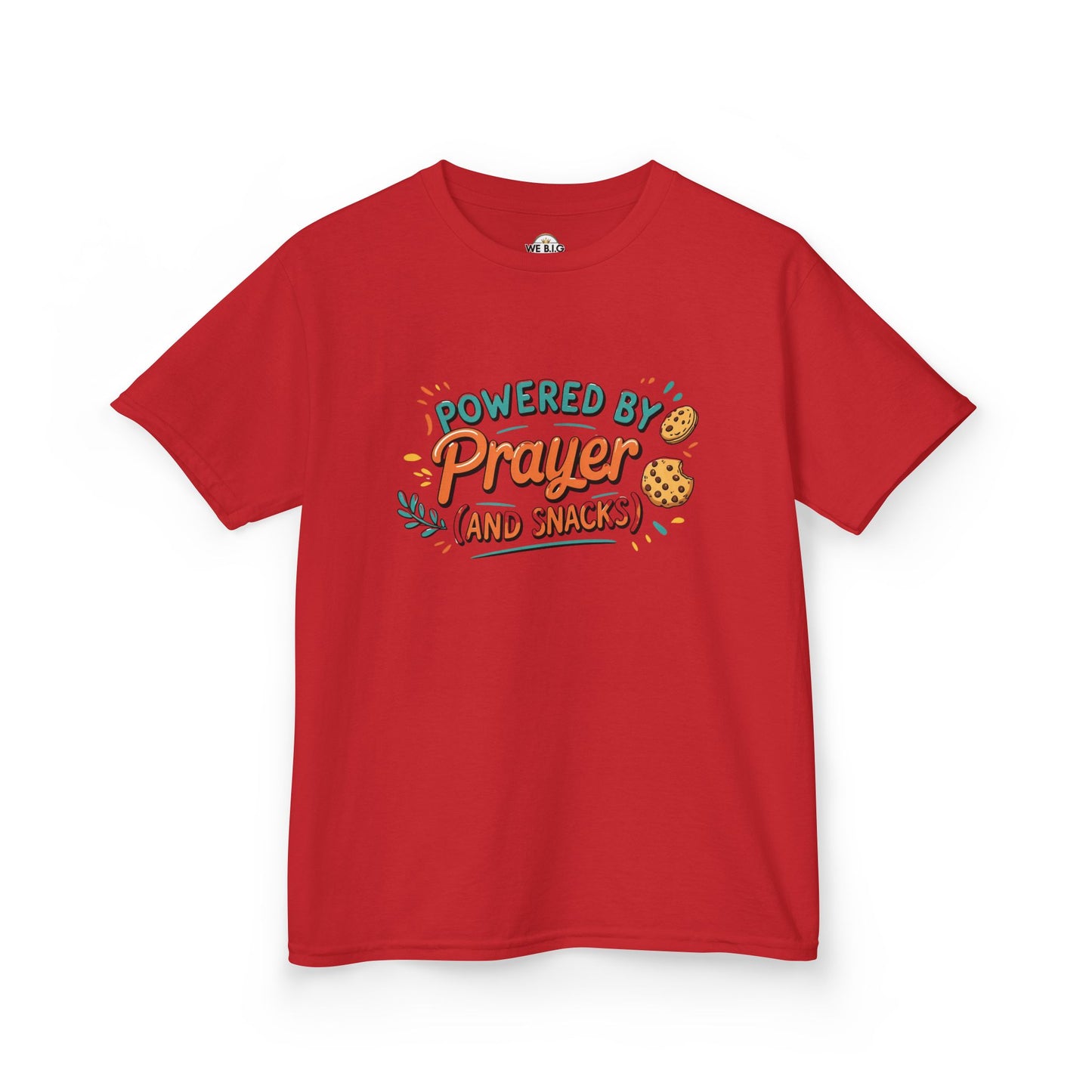 Powered by Prayer and Snacks—Kids Tee, Cute Kids T-Shirt, Faith Themed Shirt, Prayer Apparel, Snack Love Tee