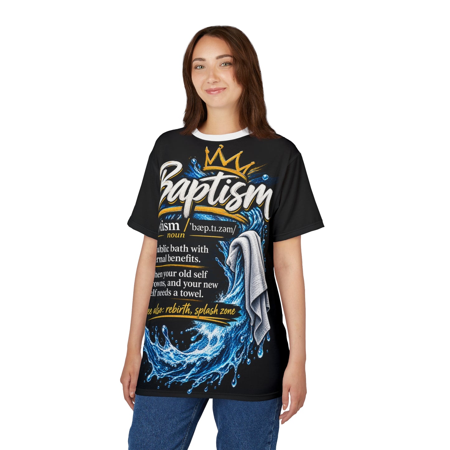 Baptism Definition Tee — Christian Baptism T-Shirt with Crown, Water & Towel Design