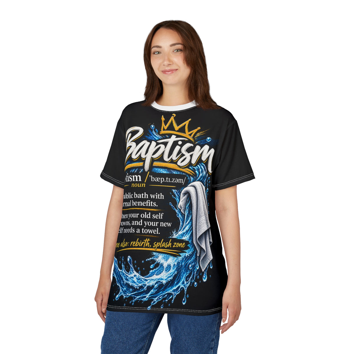 Baptism Definition Tee — Christian Baptism T-Shirt with Crown, Water & Towel Design