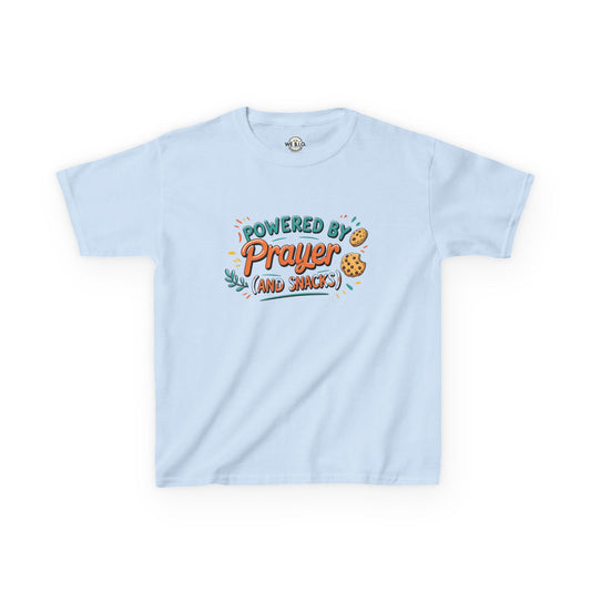 Powered by Prayer and Snacks—Kids Tee, Cute Kids T-Shirt, Faith Themed Shirt, Prayer Apparel, Snack Love Tee