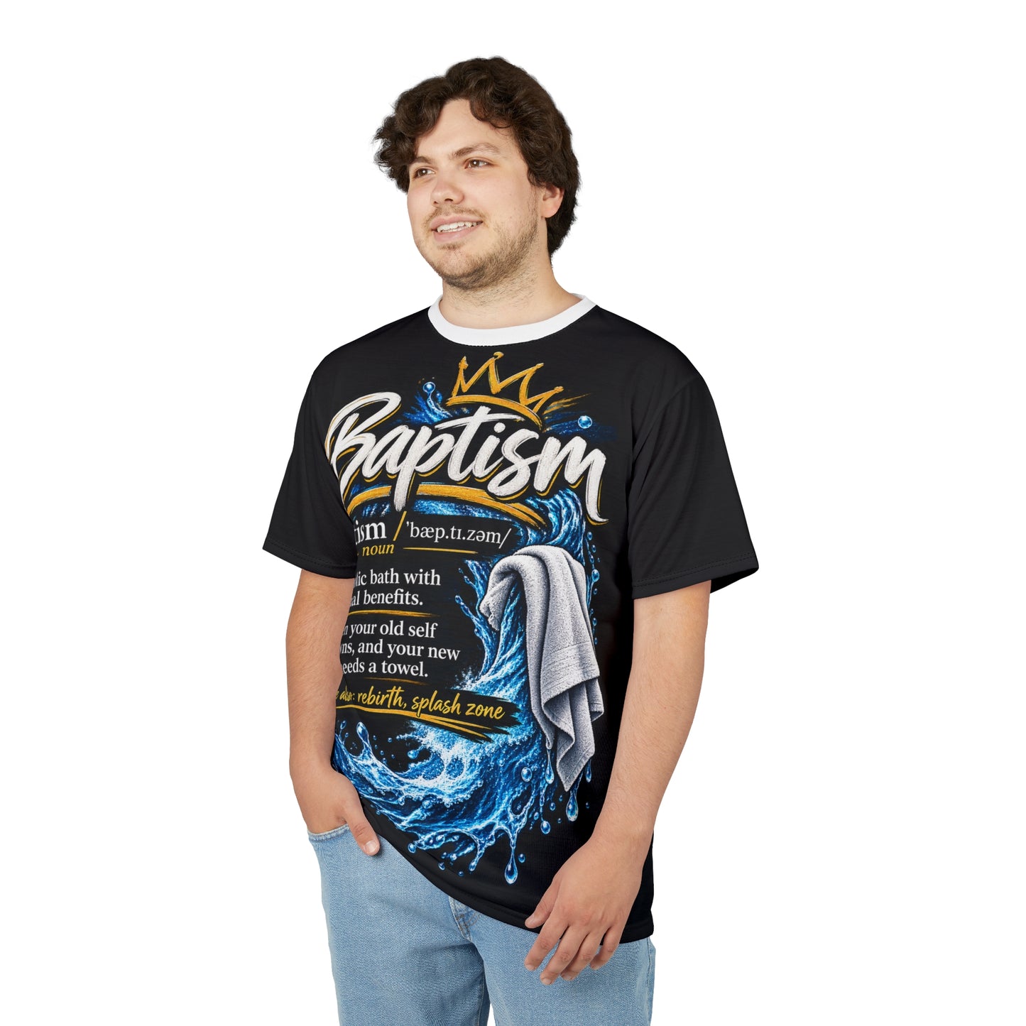Baptism Definition Tee — Christian Baptism T-Shirt with Crown, Water & Towel Design