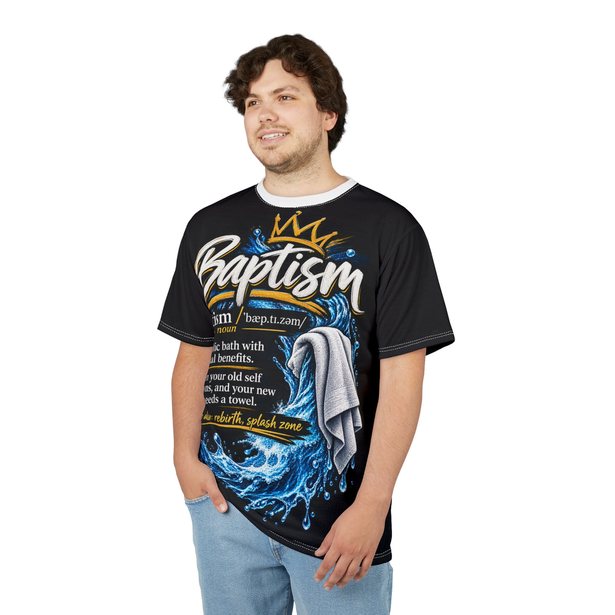 Baptism Definition Tee — Christian Baptism T-Shirt with Crown, Water & Towel Design